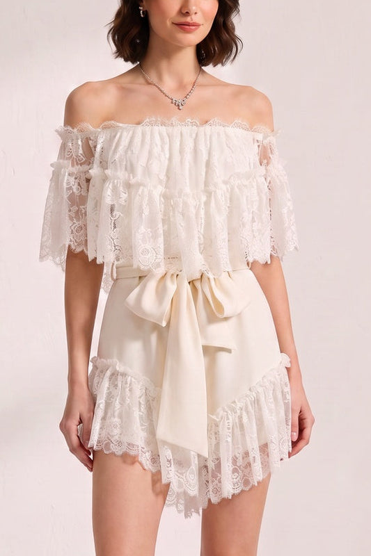 Off Shoulder Ruffled Lace Satin Bow Two Piece Short Set