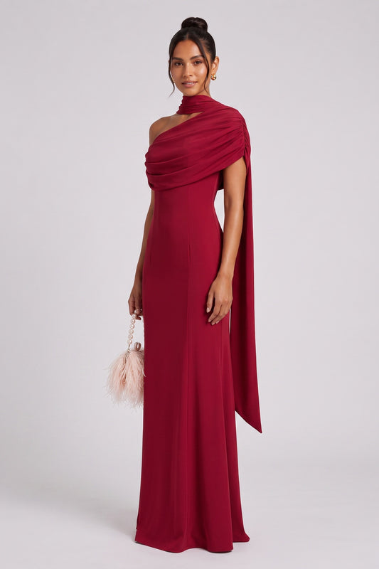 Deep Red Crepe Column Gown deep red crepe gown - product view 1