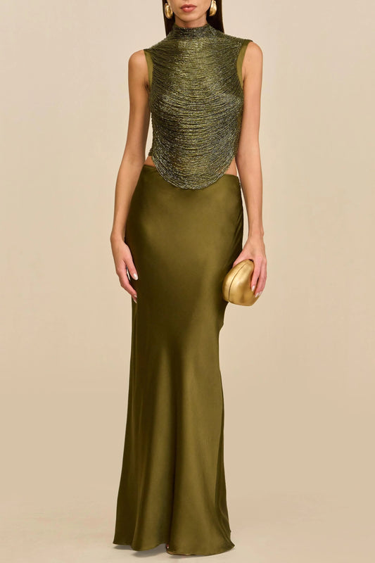 Sleeveless Turtleneck Tassel Paneled Top and Satin Skirt Set in green