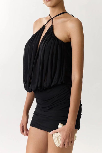 cheryl ruched halter bodycon mini dress in black