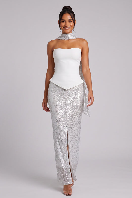 White Strapless Sequin Gown with Silver Scarf Detail Premium Fabric - product view 3