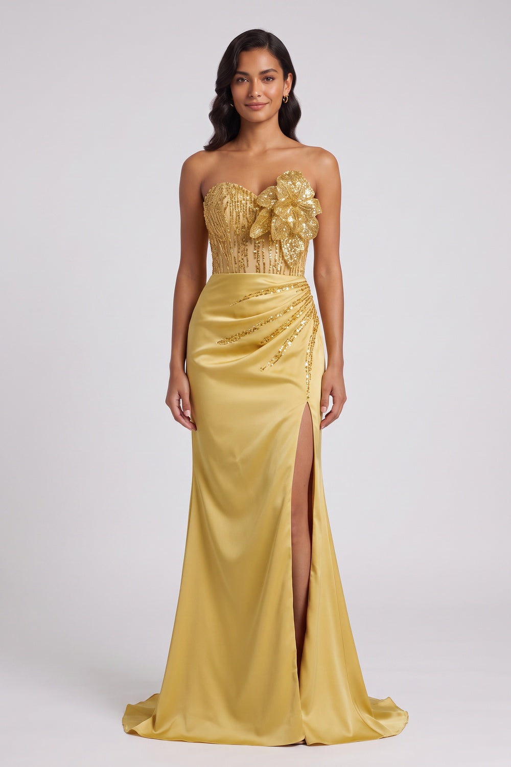 Gold Sequin Floral Strapless Mermaid Gown Premium Fabric - product view 2