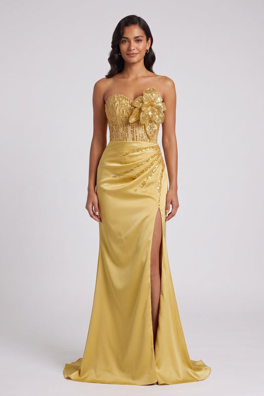 Gold Sequin Floral Strapless Mermaid Gown Premium Fabric - product view 2