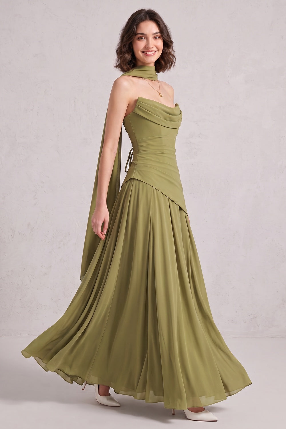 Olive Green Chiffon A-Line Gown with Draped Cowl and Lace-Up Back olive green chiffon gown - product view 4