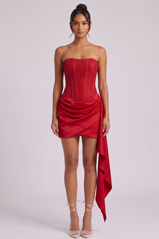 Red Strapless Corset Mini Dress with Asymmetrical Drape Premium Fabric - product view 3