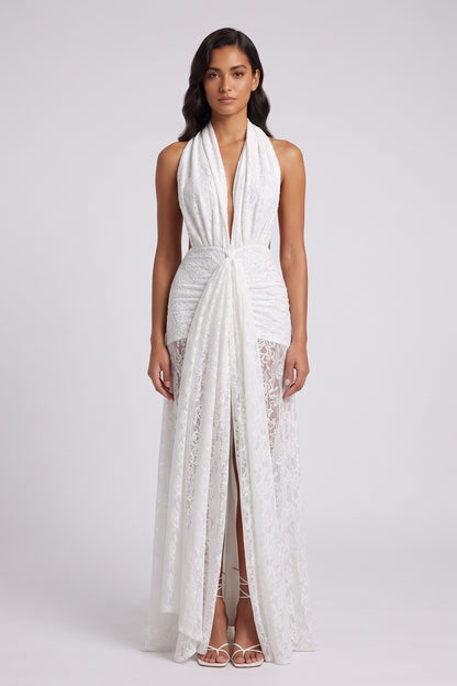white lace column with front slit gown white lace gown - product view 1