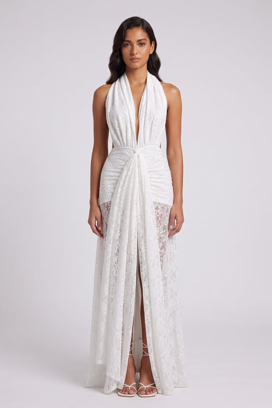 white lace column with front slit gown white lace gown - product view 1