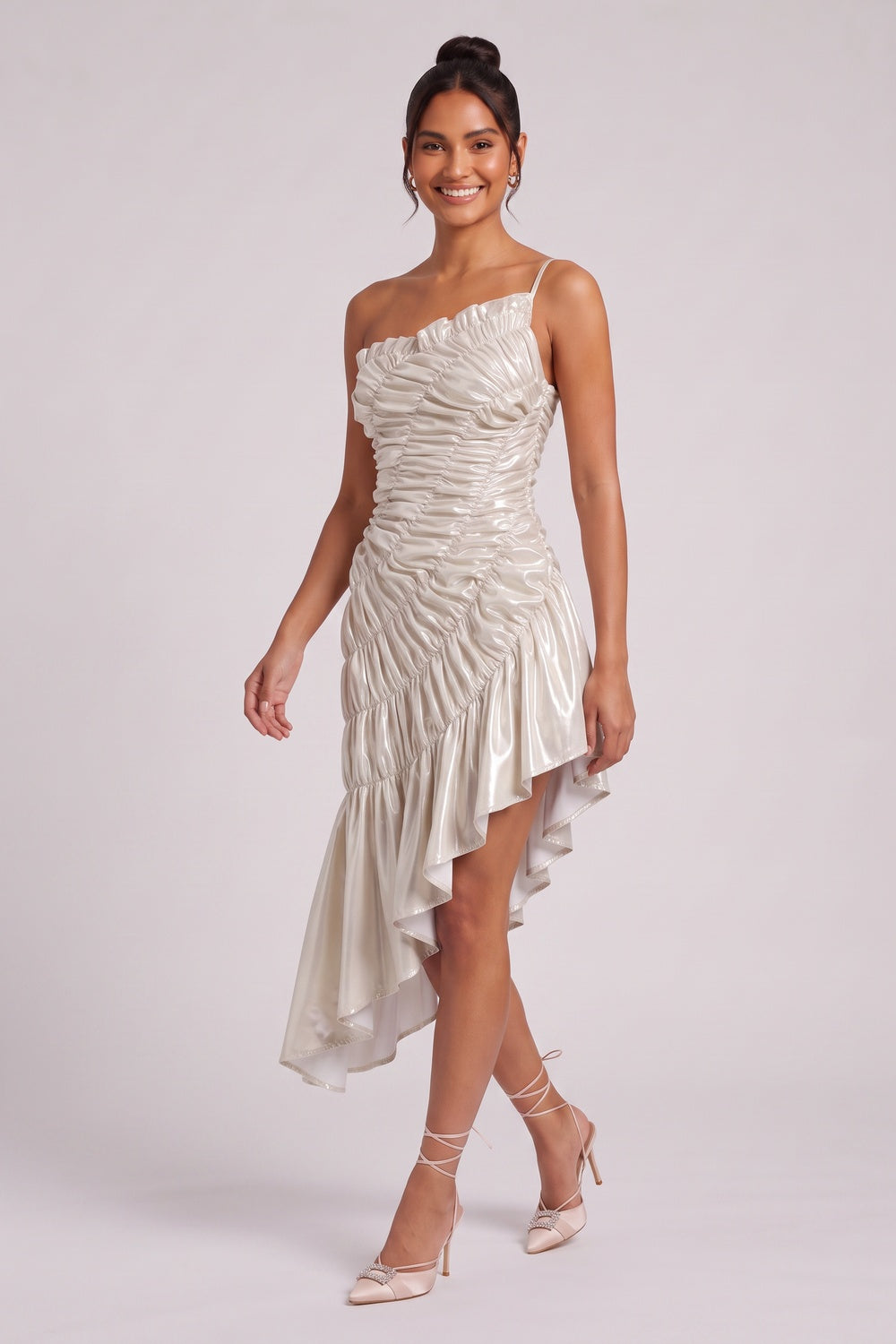 Champagne Gold Metallic Ruched Asymmetrical Dress champagne gold, pale silver metallic synthetic blend dress - product view 3