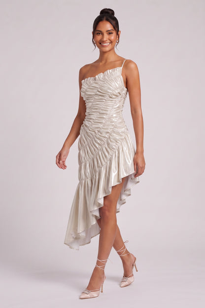 Champagne Gold Metallic Ruched Asymmetrical Dress champagne gold, pale silver metallic synthetic blend dress - product view 3