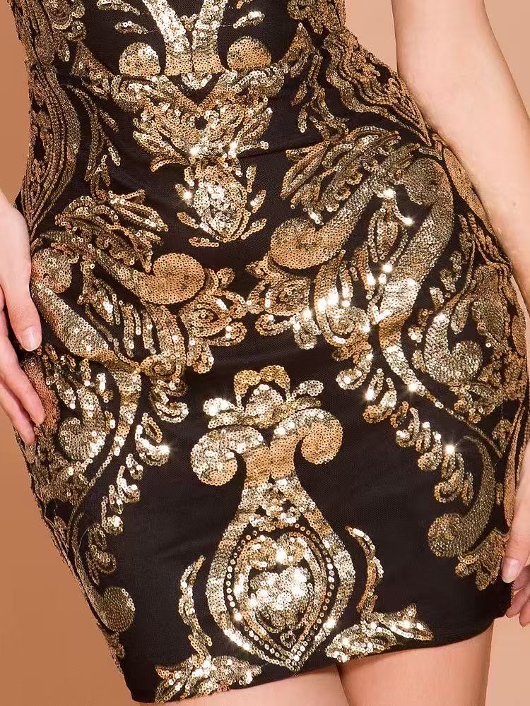 Halterneck Damask Sequin Bodycon Mini Dress