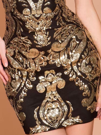 Halterneck Damask Sequin Bodycon Mini Dress