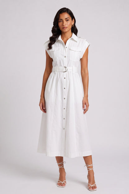 White Cap Sleeve Belted Cargo Pocket Front Split Midi Shirt Dress