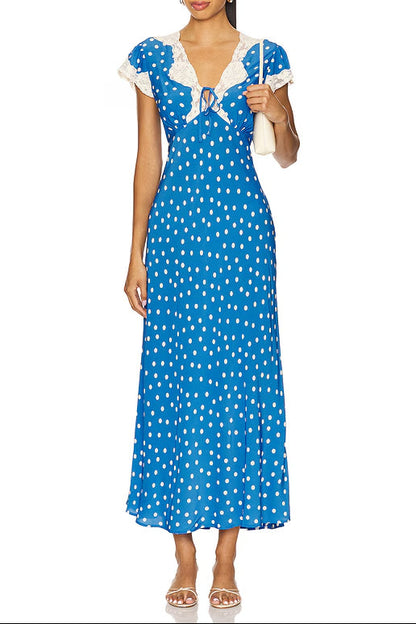 lyuba polka dot Lace-trimmed V-neck maxi dress in blue