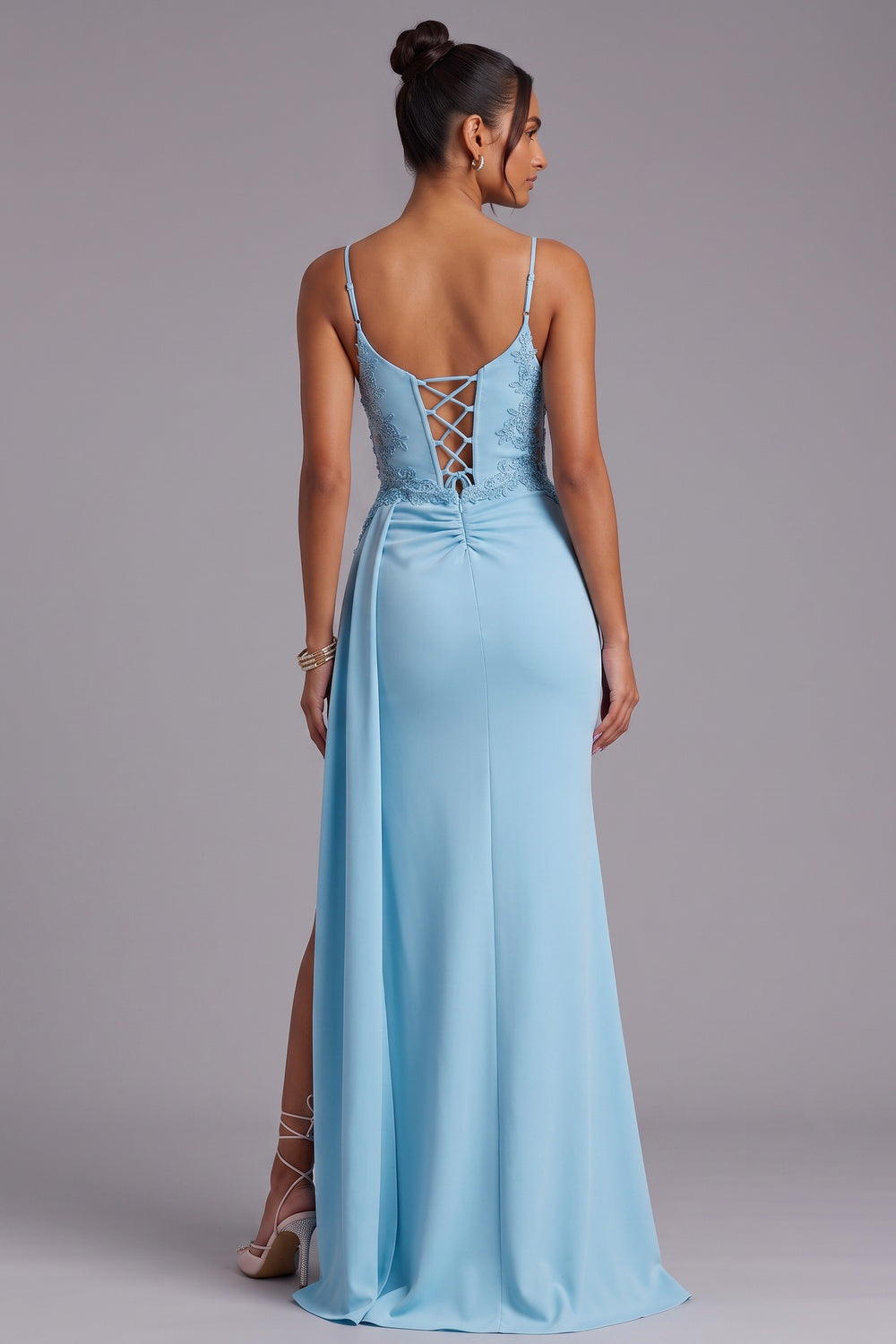 Light Blue Lace-Up Back Floor-Length Evening Gown Premium Fabric - product view 1