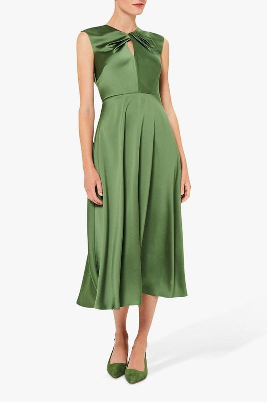 twist neck satin midi dress in green
