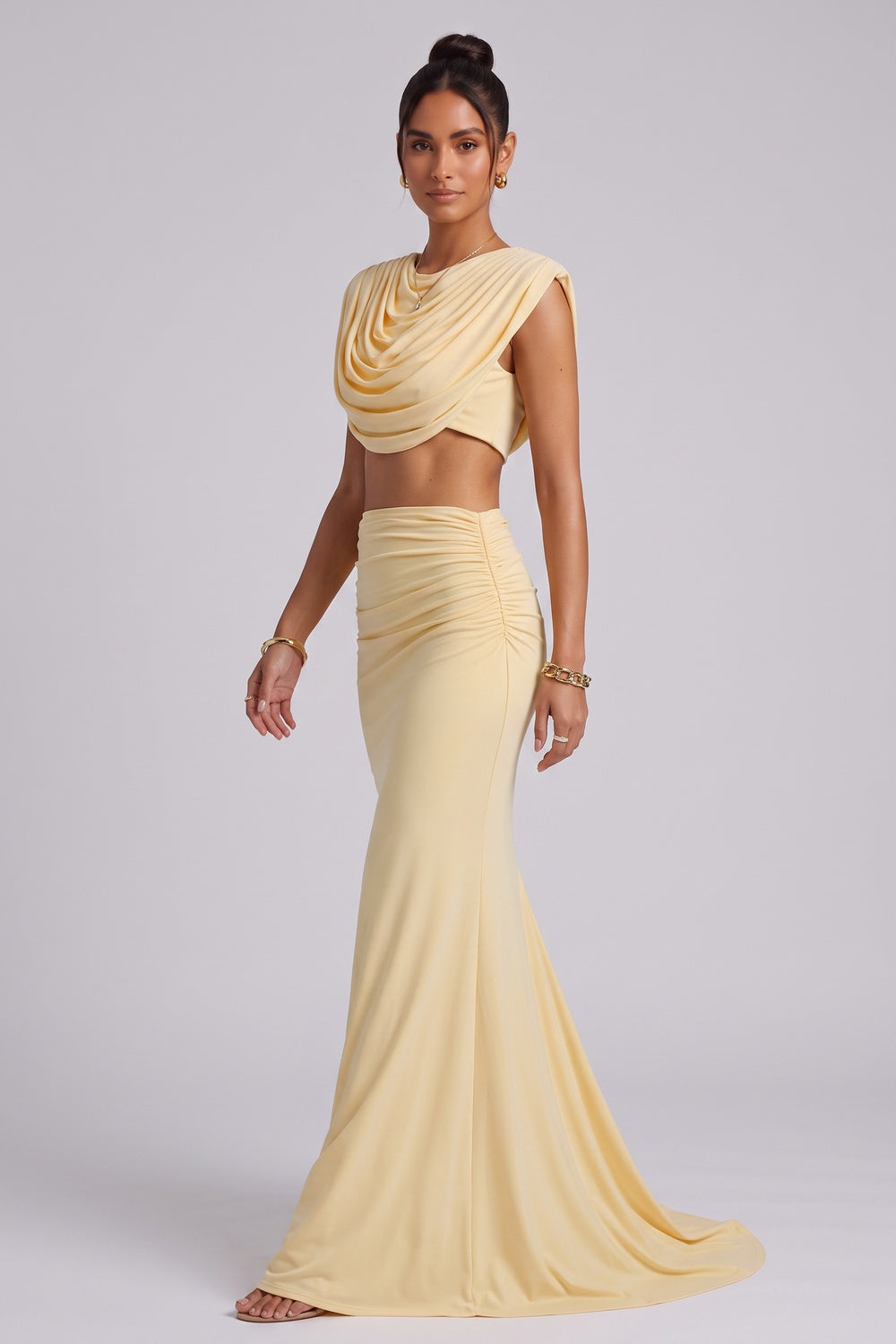 Draped Cowl Neck Two-Piece Set in Pale Yellow Premium Fabric - product view 2