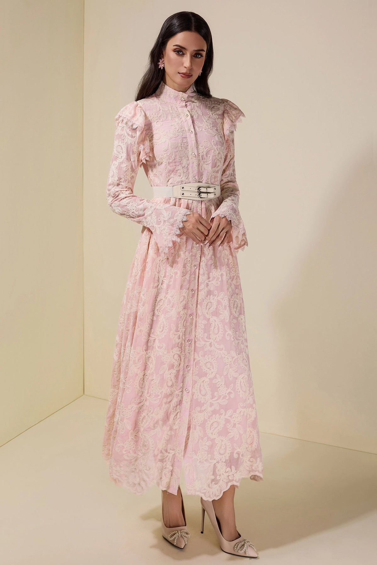 alma Chiffon Embroidered Single Breasted Midi Dress With Belt - pink