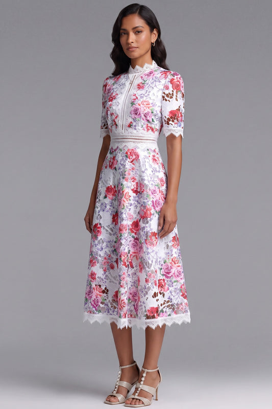 White Guipure Lace Floral Midi Dress white guipure lace dress - product view 2