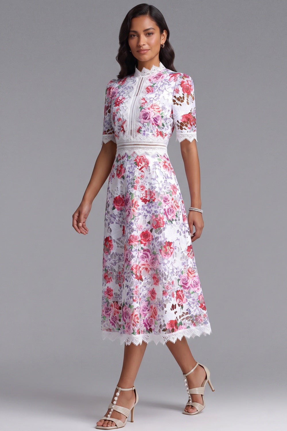 White Guipure Lace Floral Midi Dress white guipure lace dress - product view 4