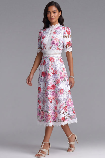 White Guipure Lace Floral Midi Dress white guipure lace dress - product view 4