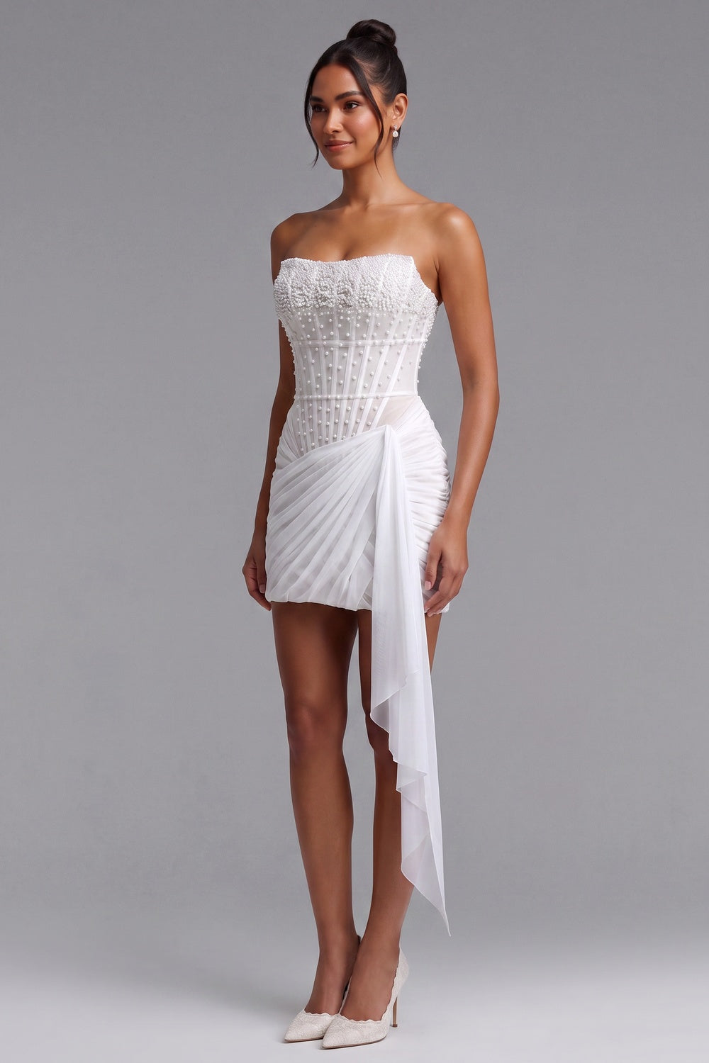 White Structured Crepe Fitted Corset Mini Dress with Draped Wrap Skirt white structured crepe mini dress - product view 2