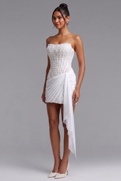 White Structured Crepe Fitted Corset Mini Dress with Draped Wrap Skirt white structured crepe mini dress - product view 2