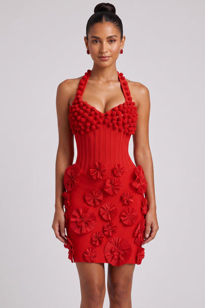Red Ribbed Knit Bodycon Dress with 3D Rosettes and Pom-Poms red ribbed knit dress - product view 1