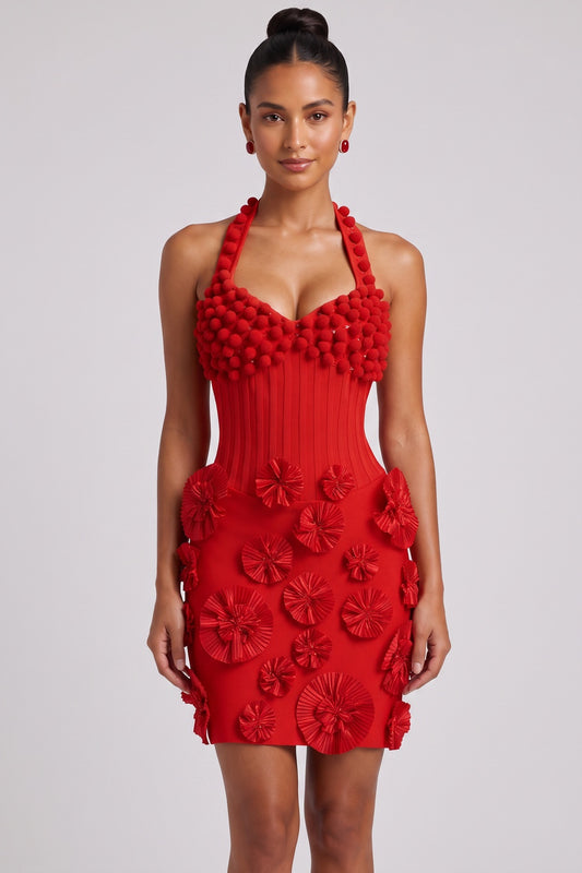 Red Ribbed Knit Bodycon Dress with 3D Rosettes and Pom-Poms red ribbed knit dress - product view 1