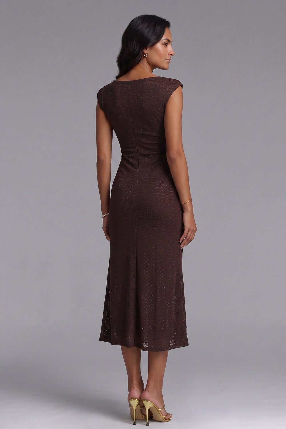 Dark Brown Textured Knit Fitted Sheath Dress with Brooch dark brown textured knit dress - product view 5