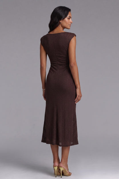 Dark Brown Textured Knit Fitted Sheath Dress with Brooch dark brown textured knit dress - product view 5