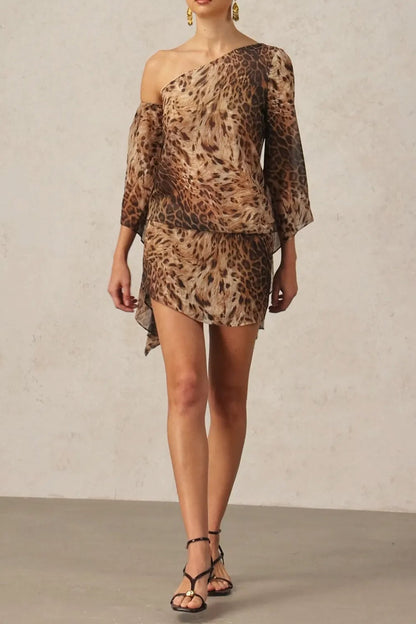 edwina Long Sleeves Leopard Print Mini Dress in brown