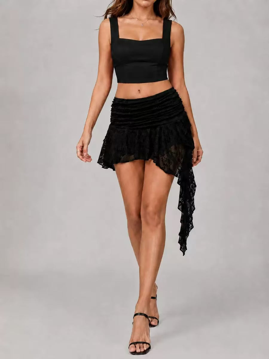 Ruched Lace Asymmetrical Mini Skirt