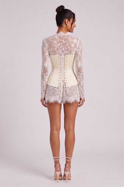Cream Sheer Floral Lace Fitted Hourglass Layered Romper and Corset Set cream, ivory sheer floral lace layered romper and corset set - product view 5