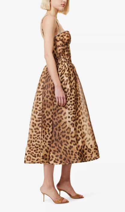 Animal Print Crystal Bustier A Line Midi Dress