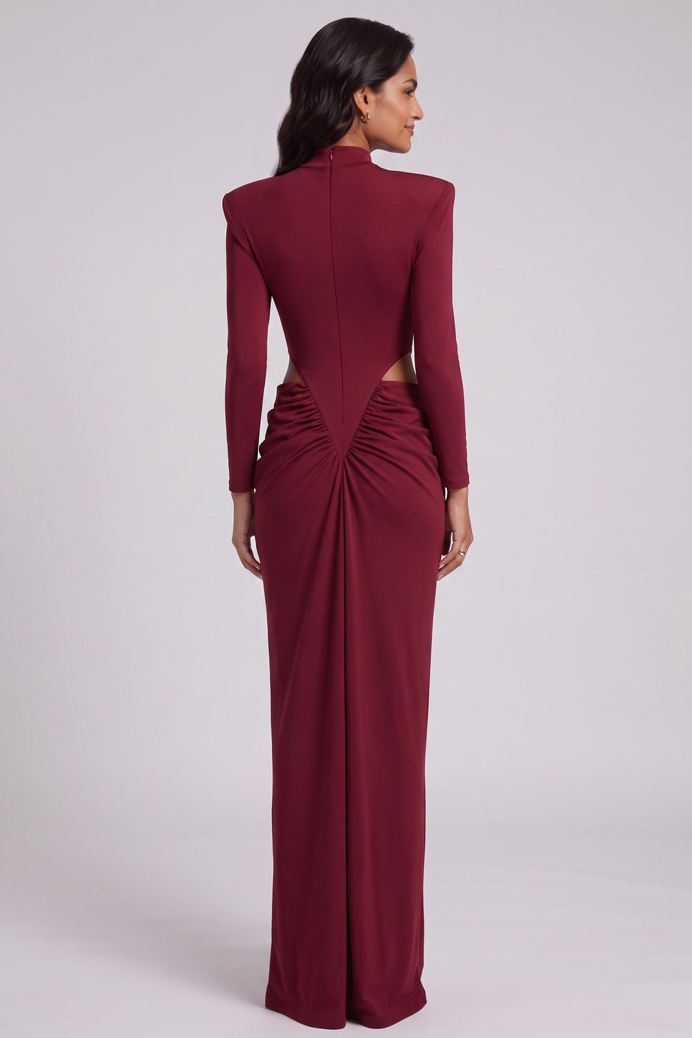 Burgundy Stretch Jersey Column Gown with Structured Shoulders burgundy stretch jersey gown - product view 5