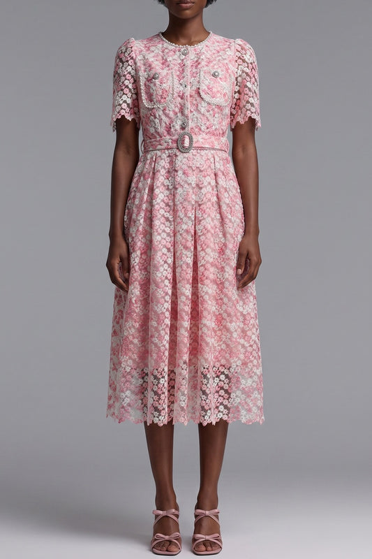 Pink Floral Lace Midi Dress with Waist Belt