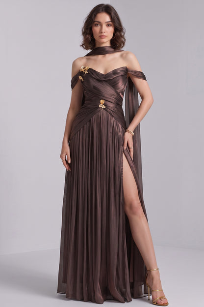Bronze Metallic Draped A-Line Evening Gown with High Slit bronze, dark brown metallic lamé or silk blend evening gown - product view 4
