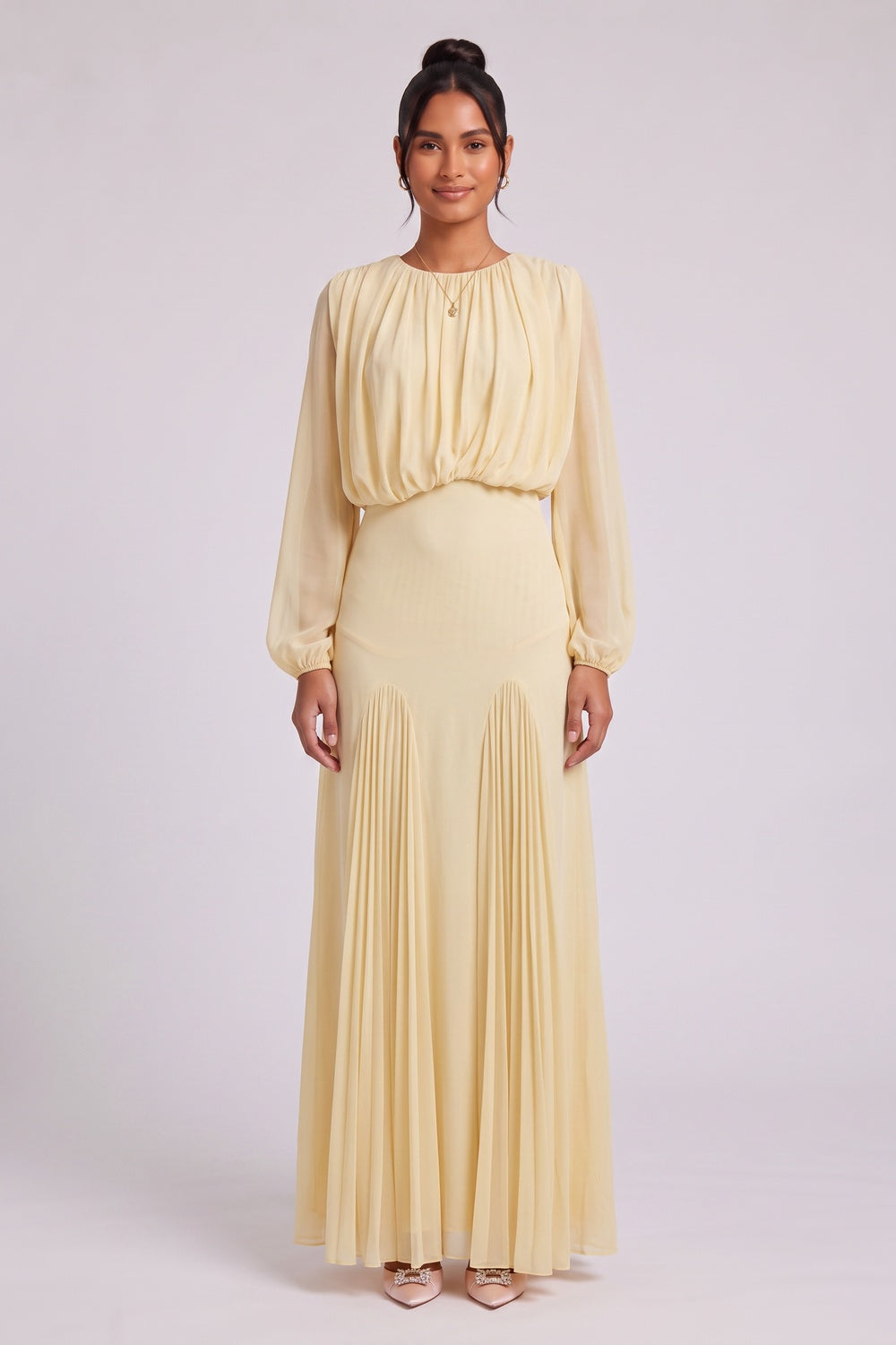 Pale Yellow Chiffon Blouson Bodice Maxi Dress pale yellow chiffon dress - product view 4