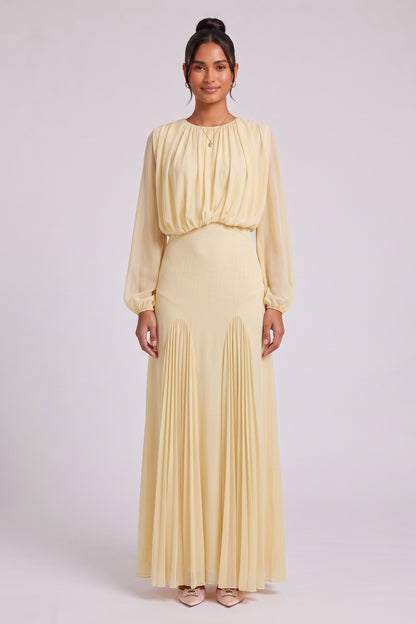 Pale Yellow Chiffon Blouson Bodice Maxi Dress pale yellow chiffon dress - product view 4