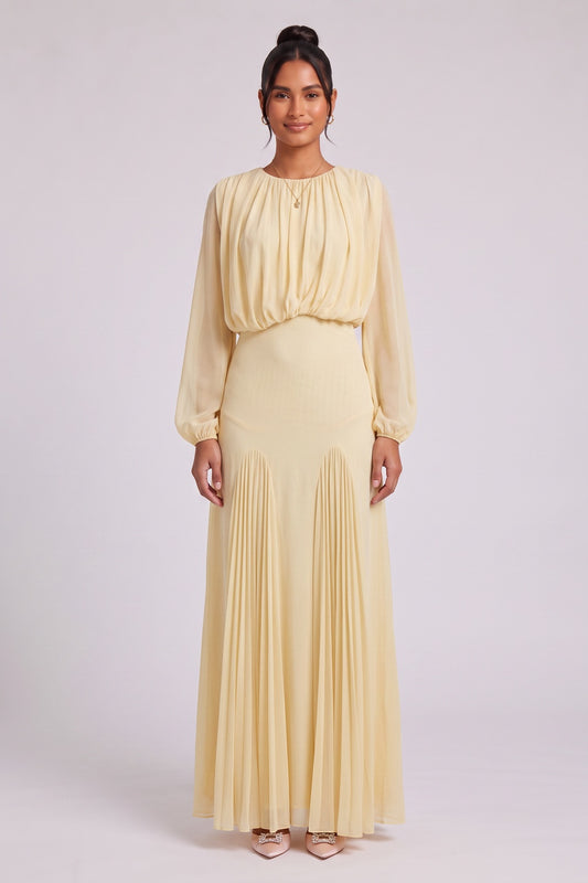 Pale Yellow Chiffon Blouson Bodice Maxi Dress pale yellow chiffon dress - product view 4