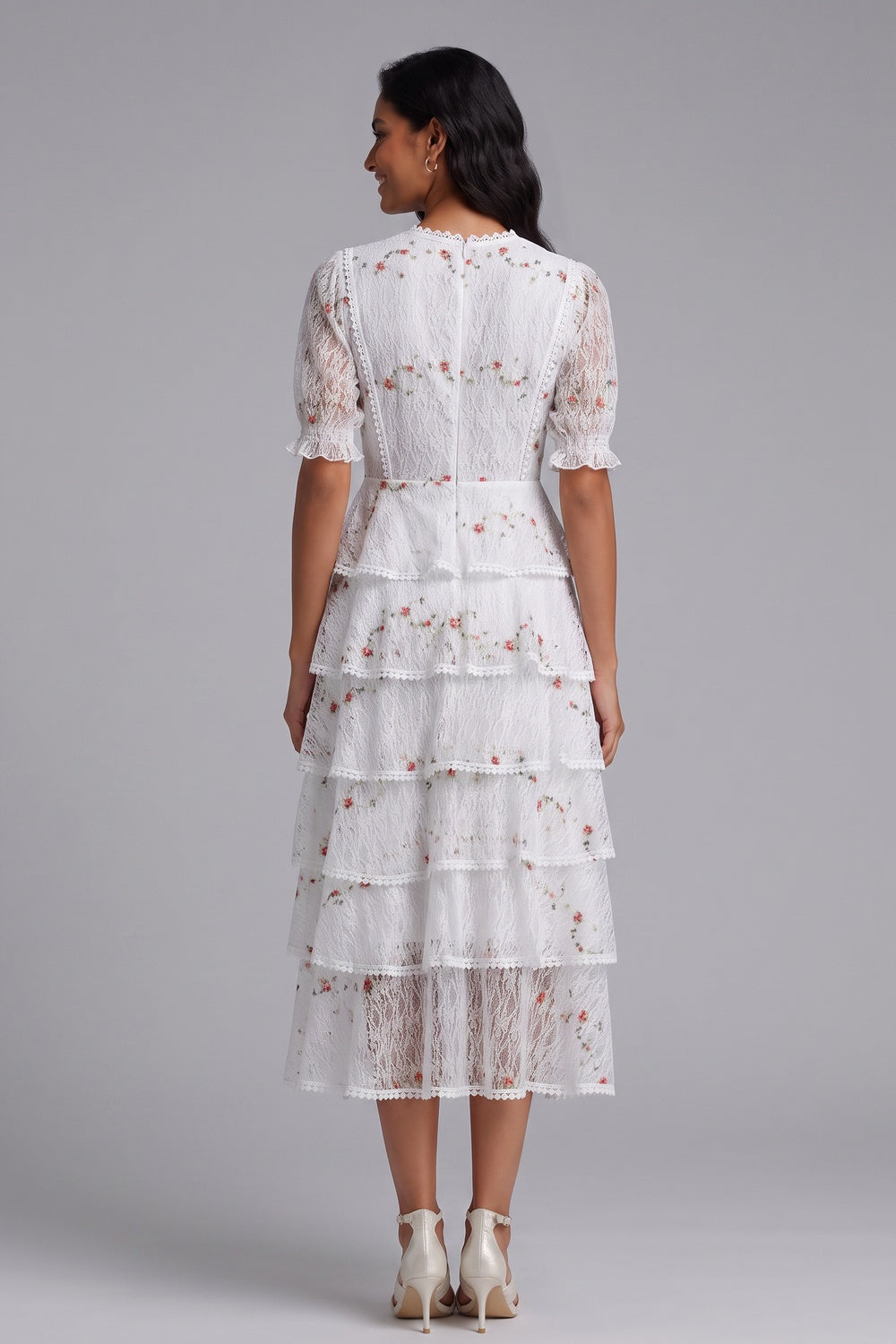 White Tiered Floral Midi Dress Premium Fabric - product view 2