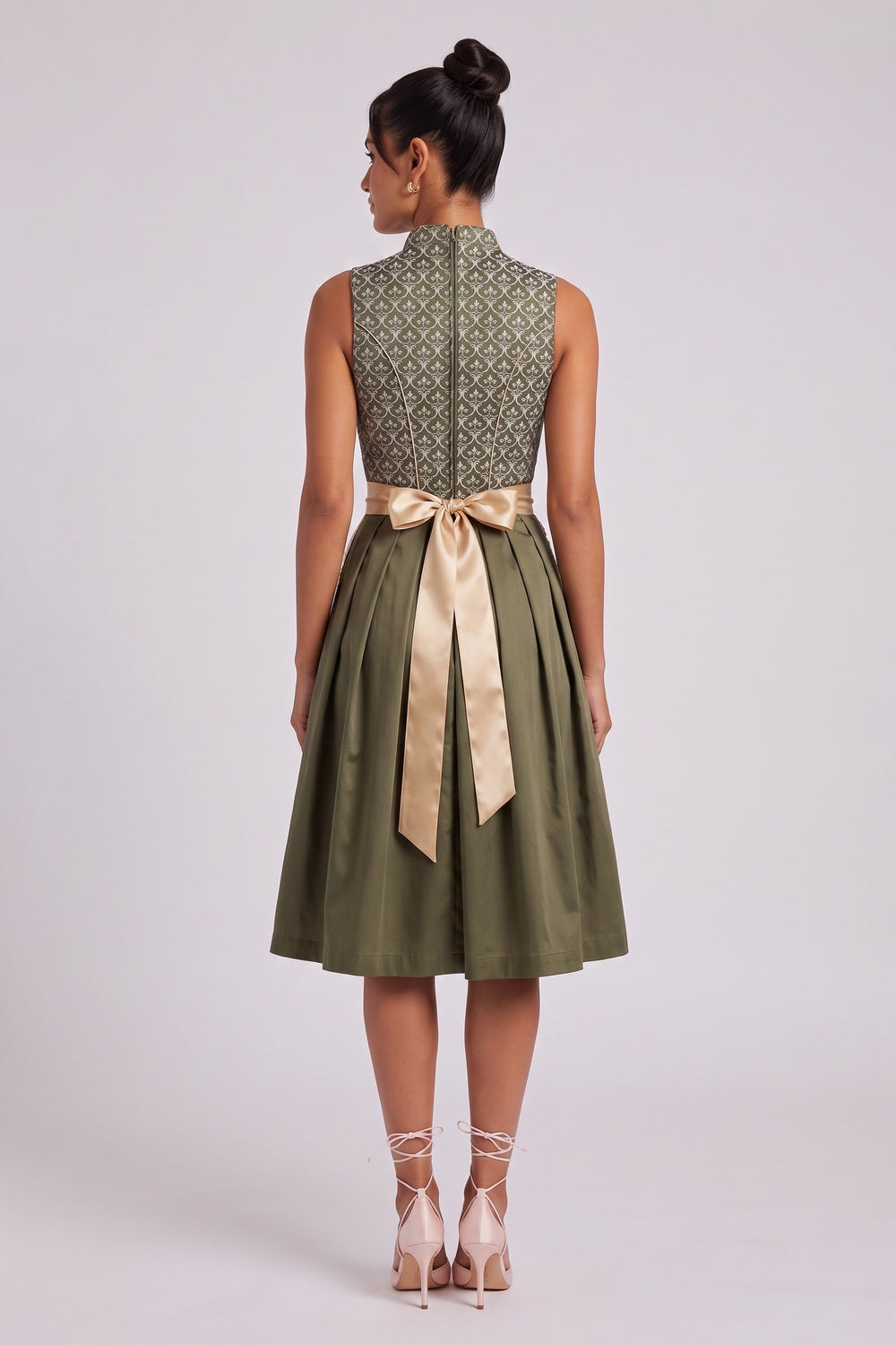 olive green jacquard bodice fit-and-flare dirndl olive green, champagne gold jacquard bodice, satin skirt dirndl - product view 5