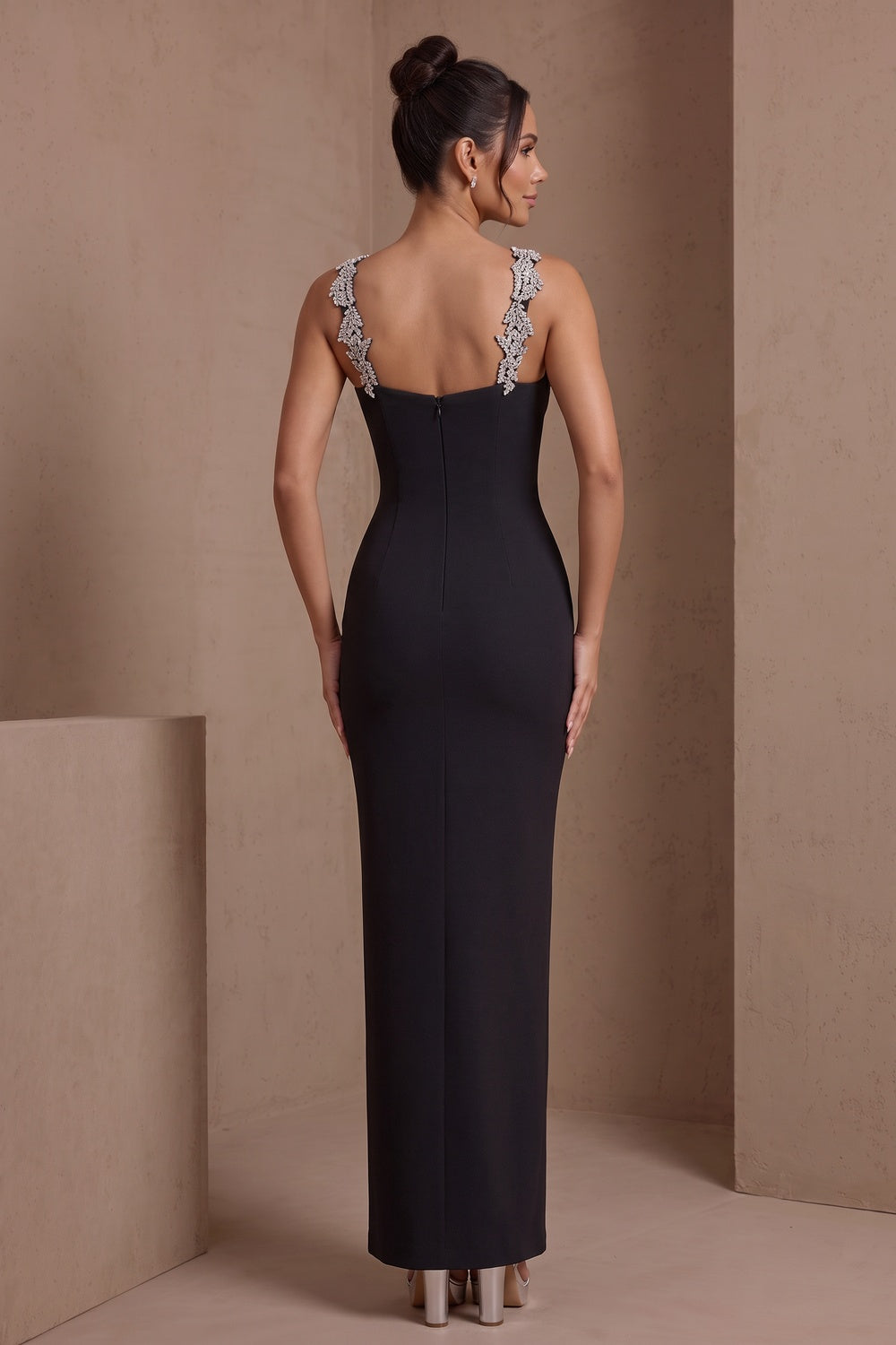 Black Sweetheart Spaghetti Strap Leaf Crystal Rhinestone Embellished Mermaid Maxi Formal Dress