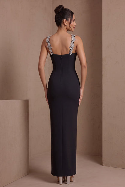 Black Sweetheart Spaghetti Strap Leaf Crystal Rhinestone Embellished Mermaid Maxi Formal Dress