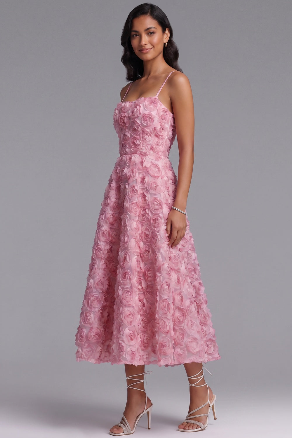 Pink 3D Rosette Textured Mesh A-Line Midi Dress pink 3D rosette textured mesh dress - product view 4