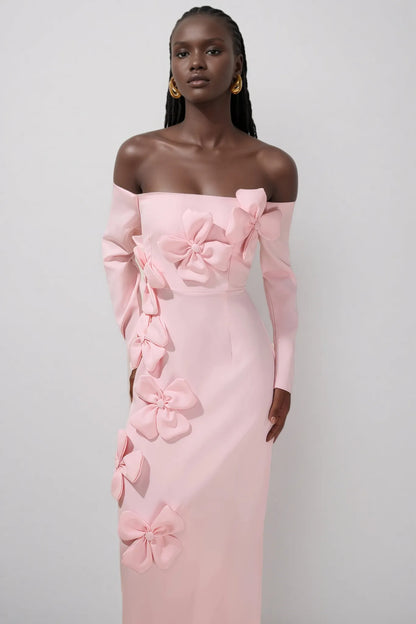 hilary Pink 3D Flower long sleeve strapless Midi Dress