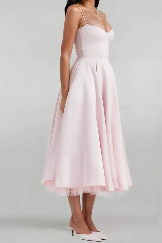 Satin Corset Tulle Layered A-Line Midi Dress - Baby Pink