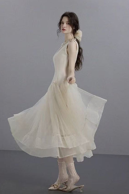 Sleeveless Midi Dress with Tulle Skirt and Pearl Embellished Collar - Ivoire