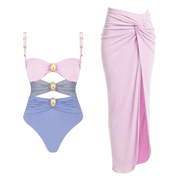 Color Block One Piece Swimsuit and Sarong