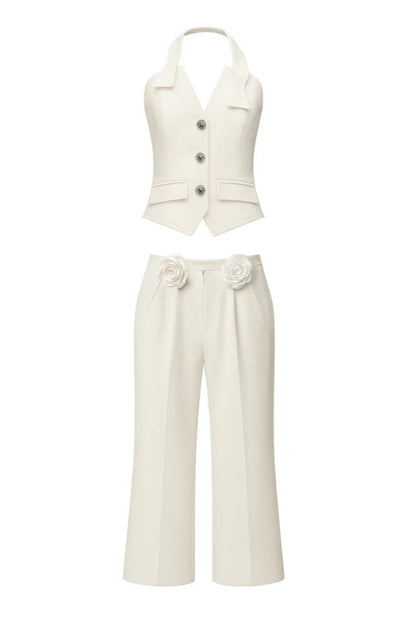 halter neck vest flower embellished pants suit in ivory